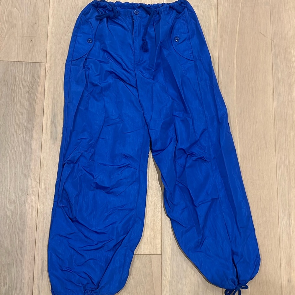 Royal blue track pants with adjustable waist, size medium